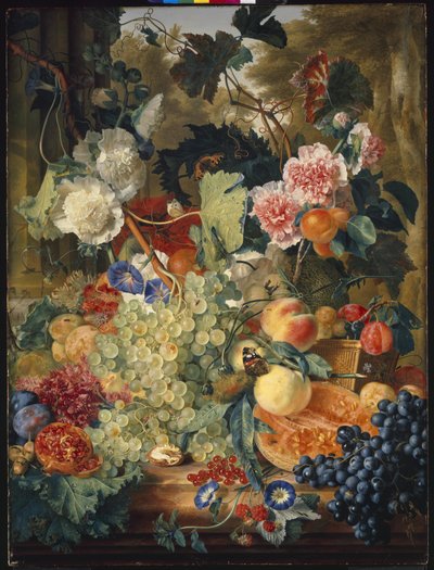 Stillleben mit Blumen und Früchten auf einer Marmortafel von Jan van Huysum